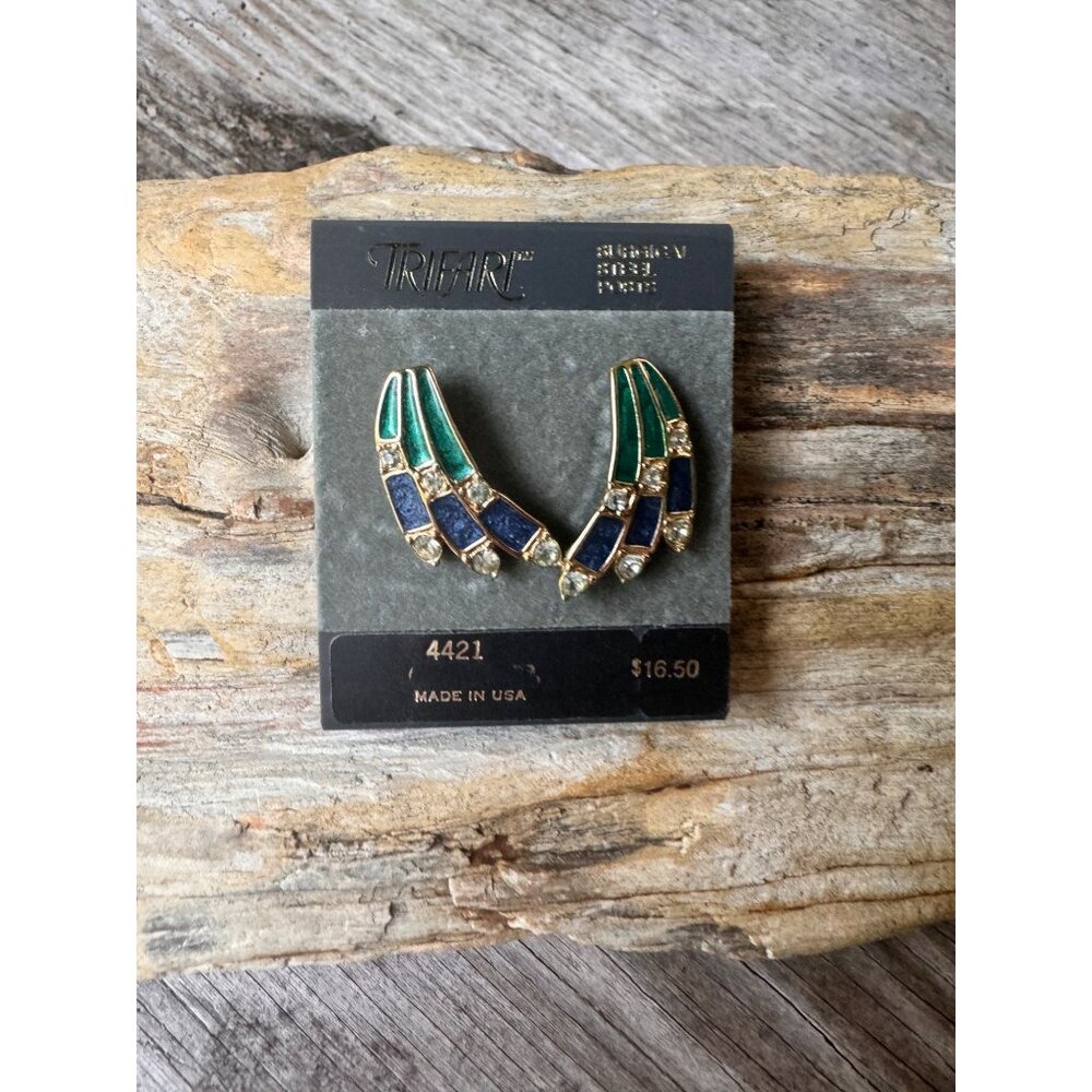 Vintage Trifari Earrings Surgical Steel Posts Blue & Green Enamel 4421 - Picture 3 of 5
